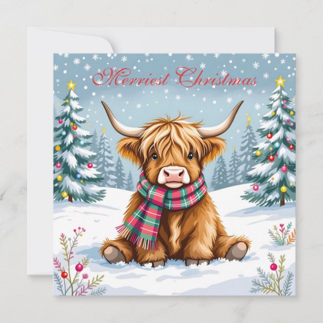 Cute Whimsical Highland Cow Personalised Christmas Card (Front)