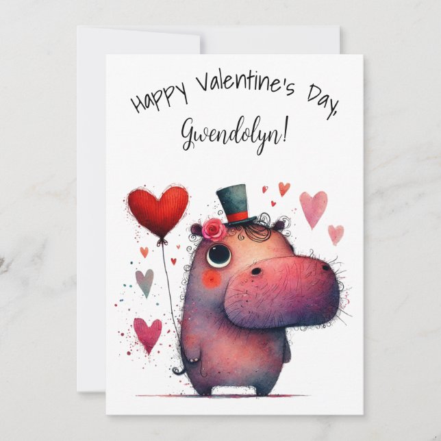 Cute Whimsical Hippo Valentine's Day Flat Card (Front)