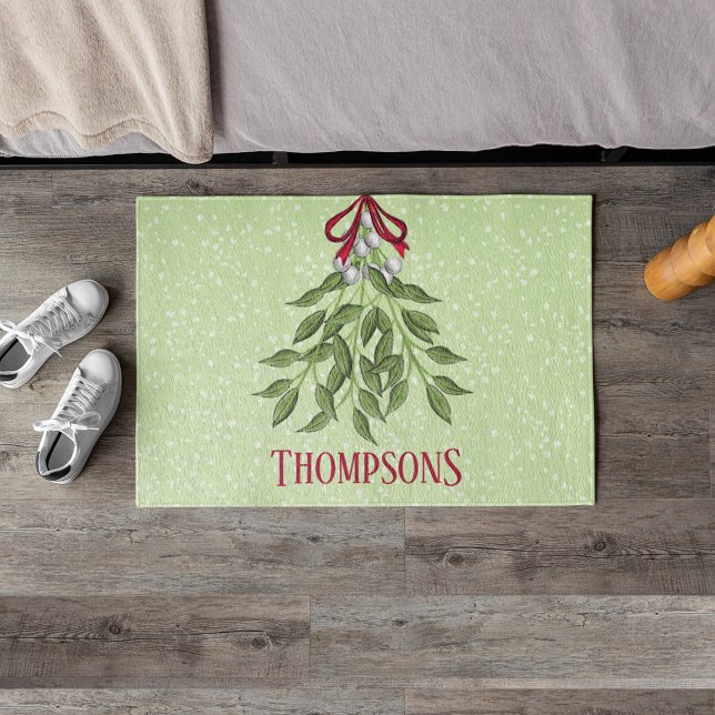 Cute Whimsical Holiday Christmas Custom Trendy Doormat (Simple mistletoe Christmas custom family doormat)
