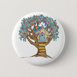 Cute, whimsical illustrated treehouse on a button