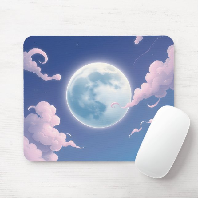 Cute whimsical illustration of moon in night sky mouse mat (With Mouse)