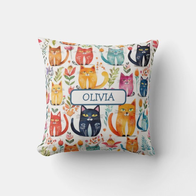 Cute Whimsical Kittens and Flowers Cushion (Front)