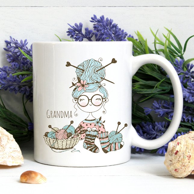 Cute Whimsical Knitting Fun Grandma Two-Tone Coffee Mug (Creator Uploaded)