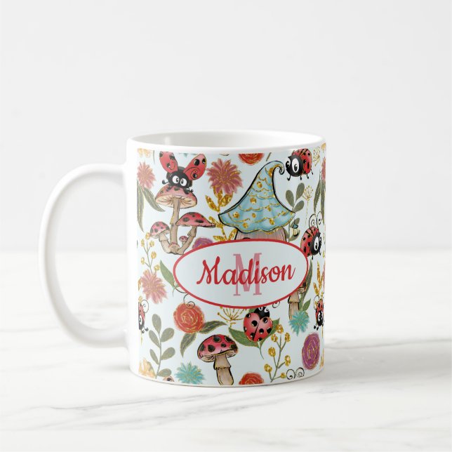 Cute Whimsical Ladybugs Mushrooms Flowers Monogram Coffee Mug (Left)