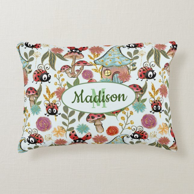 Cute Whimsical Ladybugs Mushrooms Flowers Monogram Decorative Cushion (Front)