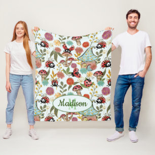Cute Whimsical Ladybugs Mushrooms Flowers Monogram Fleece Blanket