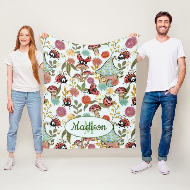 Cute Whimsical Ladybugs Mushrooms Flowers Monogram Fleece Blanket (In Situ)