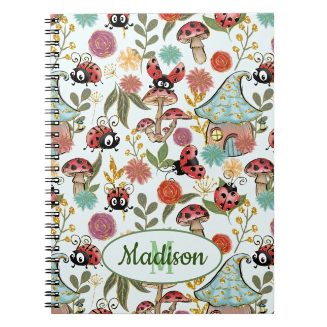 Cute Whimsical Ladybugs Mushrooms Flowers Monogram Notebook (Front)