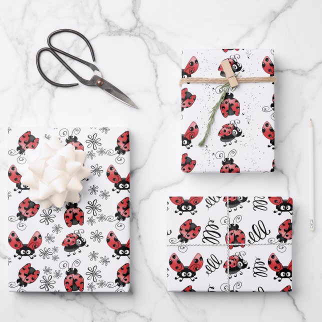 Cute Whimsical Ladybugs Wrapping Paper Sheet (Front)