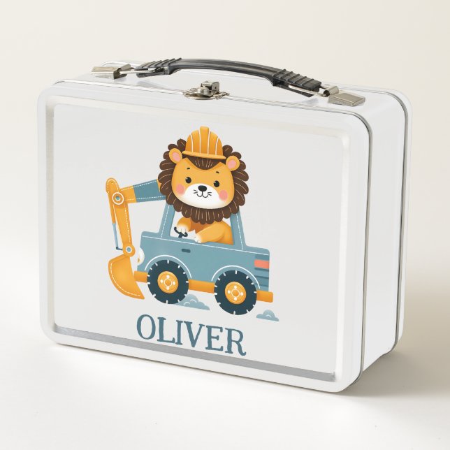Cute Whimsical Lion Excavator Personalised Metal Lunch Box (Front)