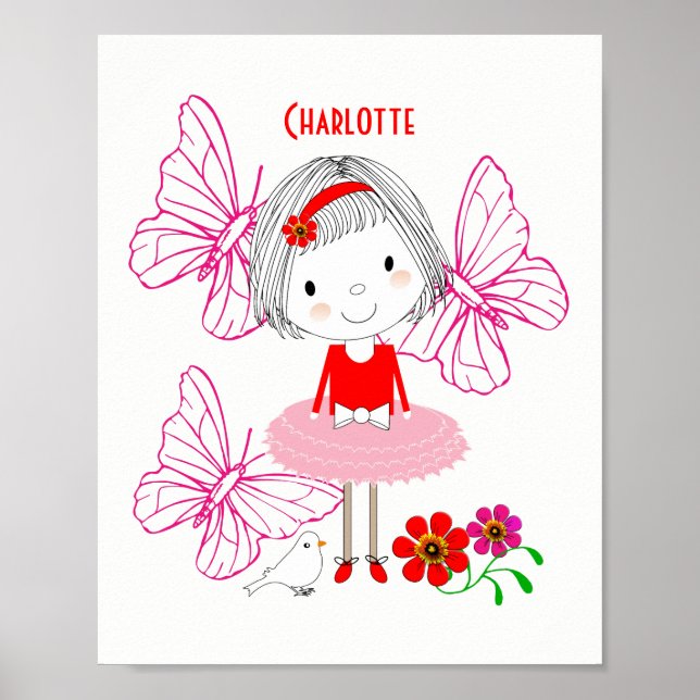 Cute Whimsical Little Girl Butterfly Personalised Poster (Front)