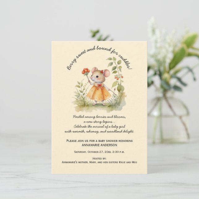 Cute Whimsical Little Mouse in Garden Baby Shower  Invitation (Standing Front)
