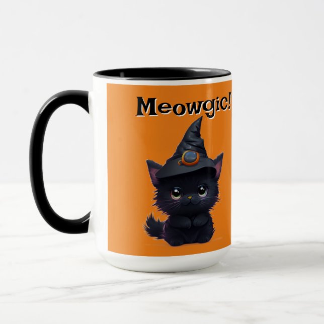 Cute whimsical magical Halloween black cat Mug (Left)