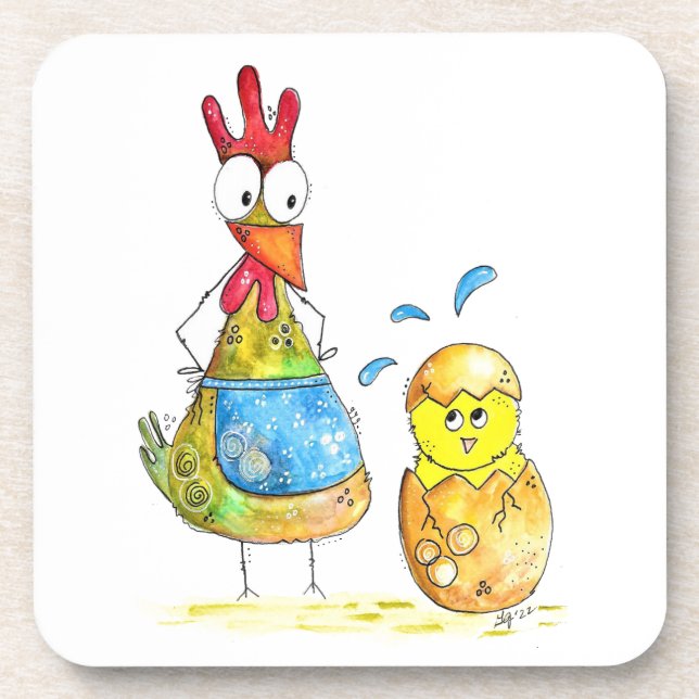 Cute Whimsical Mama Chicken with Baby Coaster (Front)