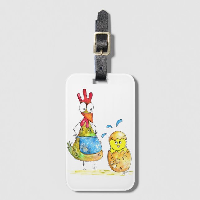 Cute Whimsical Mama Chicken with Baby Luggage Tag (Front Vertical)