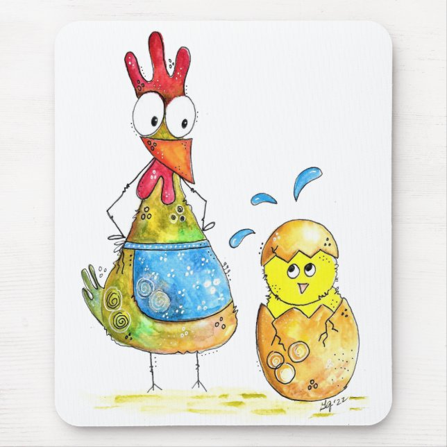 Cute Whimsical Mama Chicken with Baby Mouse Mat (Front)
