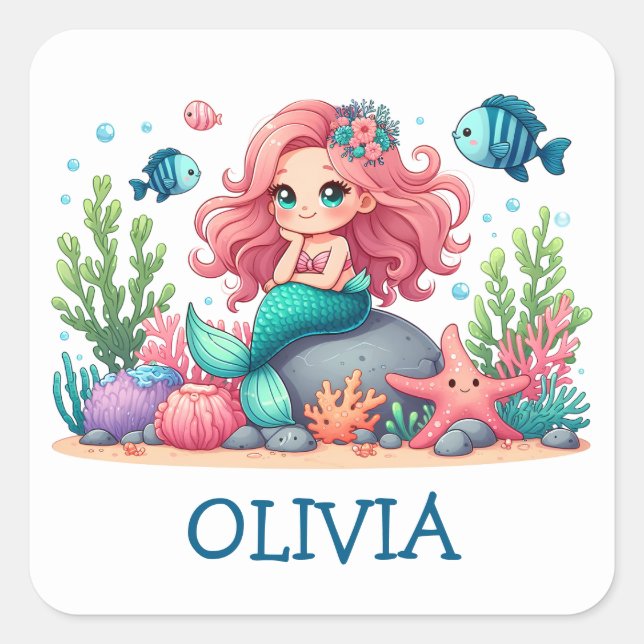 Cute Whimsical Mermaid And Fish Personalised Square Sticker (Front)