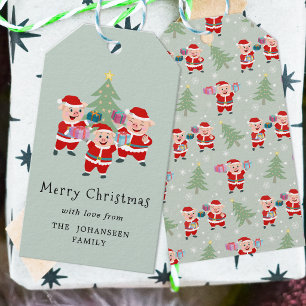 Cute Whimsical Merry Christmas Pigs Pattern Green Gift Tags
