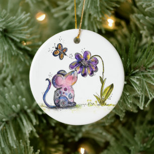 Cute Whimsical Mouse and Flower Ceramic Tree Decoration