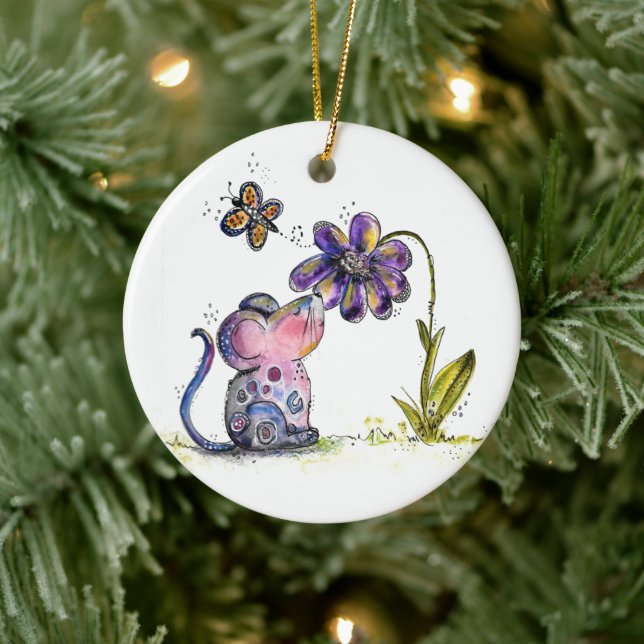 Cute Whimsical Mouse and Flower Ceramic Tree Decoration (Tree)