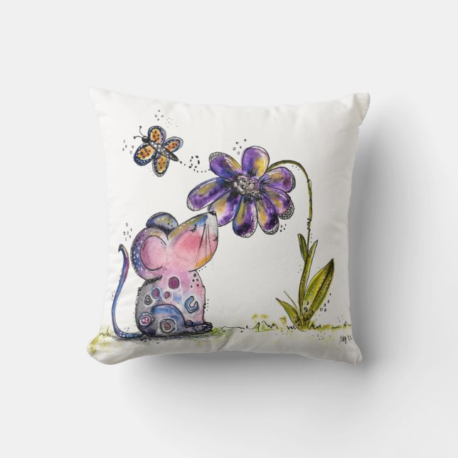 Cute Whimsical Mouse and Flower Cushion (Front)