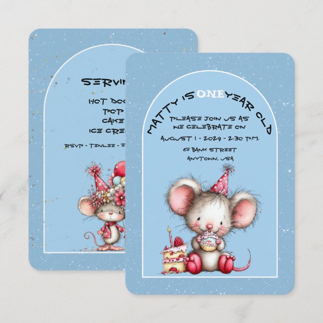 Cute Whimsical Mouse Boy First Birthday Invite (Front/Back)