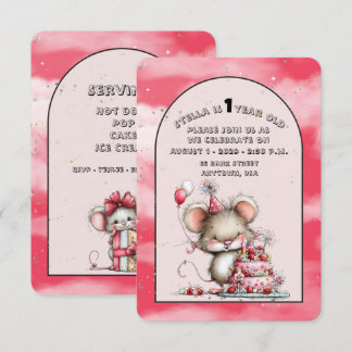 Cute Whimsical Mouse Girl First Birthday Invite