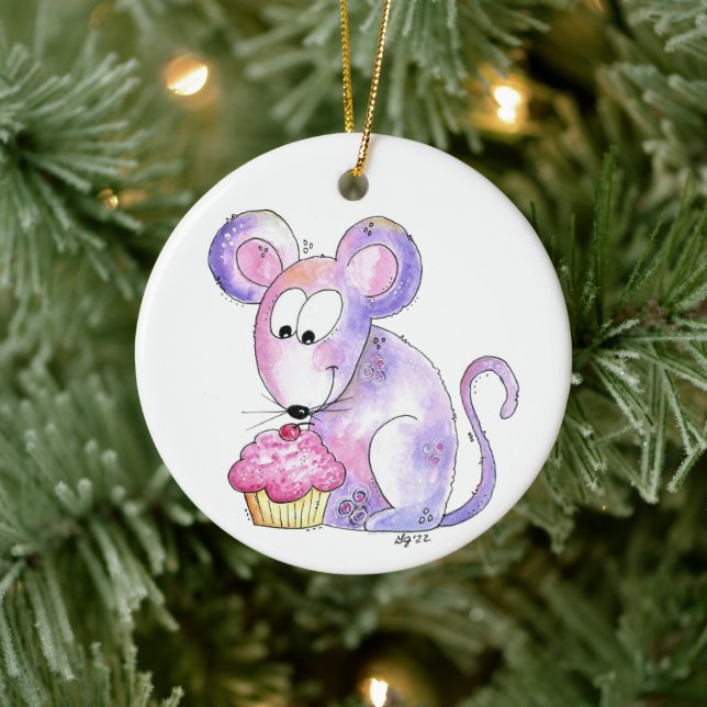 Cute Whimsical Mouse with a Cupcake Ceramic Tree Decoration (Tree)