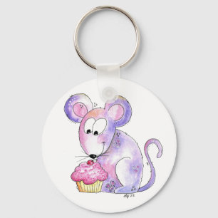 Cute Whimsical Mouse with a Cupcake Key Ring