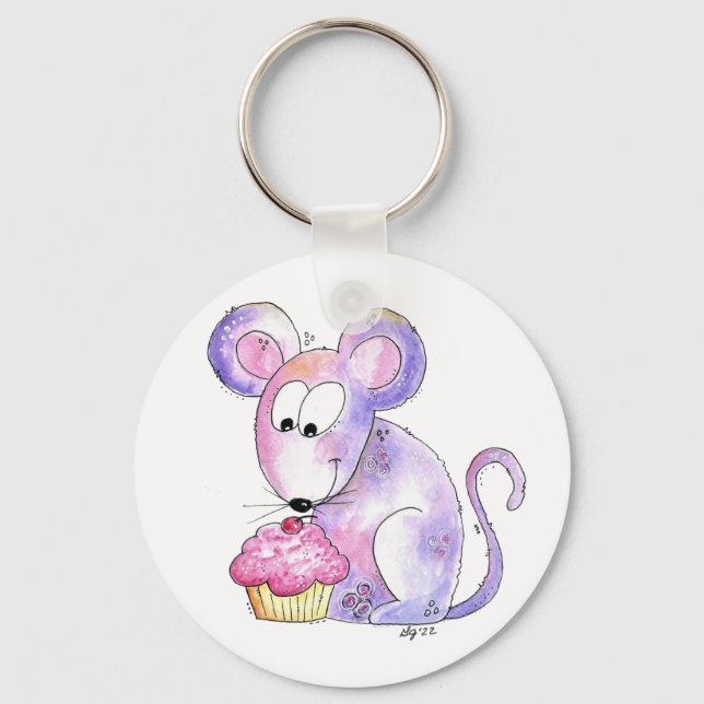 Cute Whimsical Mouse with a Cupcake Key Ring (Front)