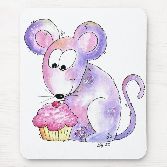 Cute Whimsical Mouse with a Cupcake Mat (Front)