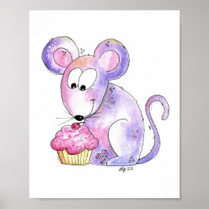 Cute Whimsical Mouse with a Cupcake Poster