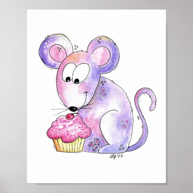 Cute Whimsical Mouse with a Cupcake Poster (Front)
