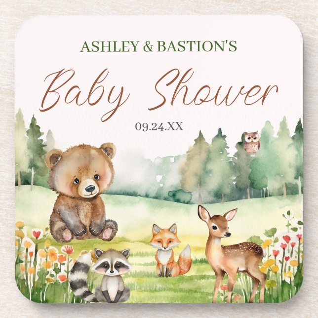 Cute Whimsical Neutral Woodland Animal Baby Shower Coaster (Front)