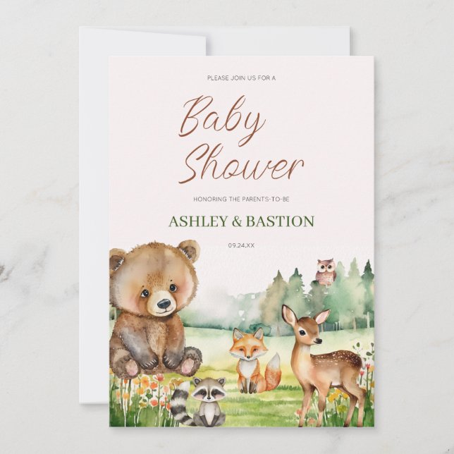 Cute Whimsical Neutral Woodland Animal Baby Shower Invitation (Front)