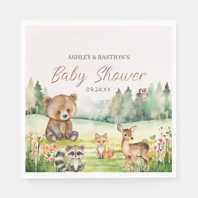 Cute Whimsical Neutral Woodland Animal Baby Shower Napkin (Front)