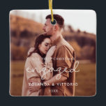 Cute whimsical Our First Christmas engaged photo Ceramic Ornament<br><div class="desc">A modern typography for this photo ornaments collection for newly engaged couples. To customise with your favourite picture. You can also easily change the colour of the font to your liking.</div>