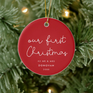 Cute whimsical Our First Christmas Red photo Ceramic Tree Decoration