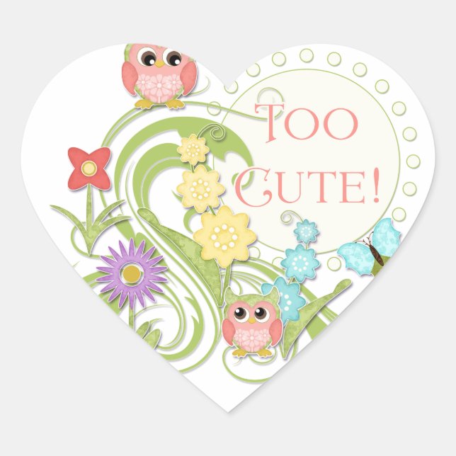 Cute Whimsical Owl n Butterfly Scroll Floral Art Heart Sticker (Front)
