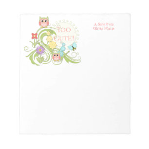 Cute Whimsical Owl n Butterfly Scroll Floral Art Notepad