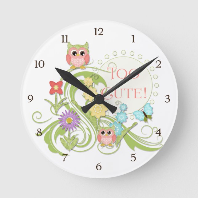 Cute Whimsical Owl n Butterfly Scroll Floral Art Round Clock (Front)