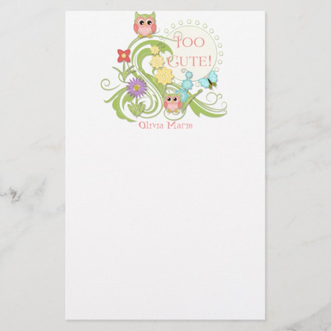 Cute Whimsical Owl n Butterfly Scroll Floral Art Stationery (Front)