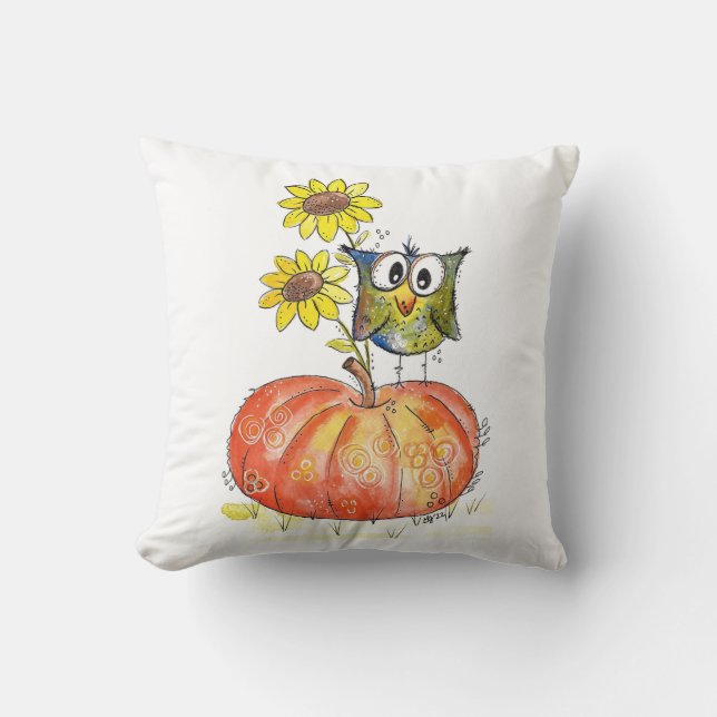 Cute Whimsical Owl on Pumpkin Cushion (Front)