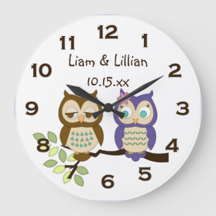 Cute Whimsical Owl Twins Wall Clock