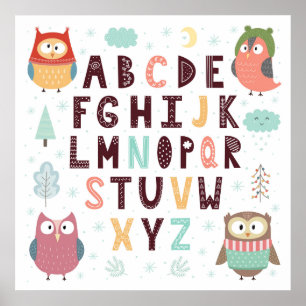Cute Whimsical Owls ABC Letters Alphabet Education Poster