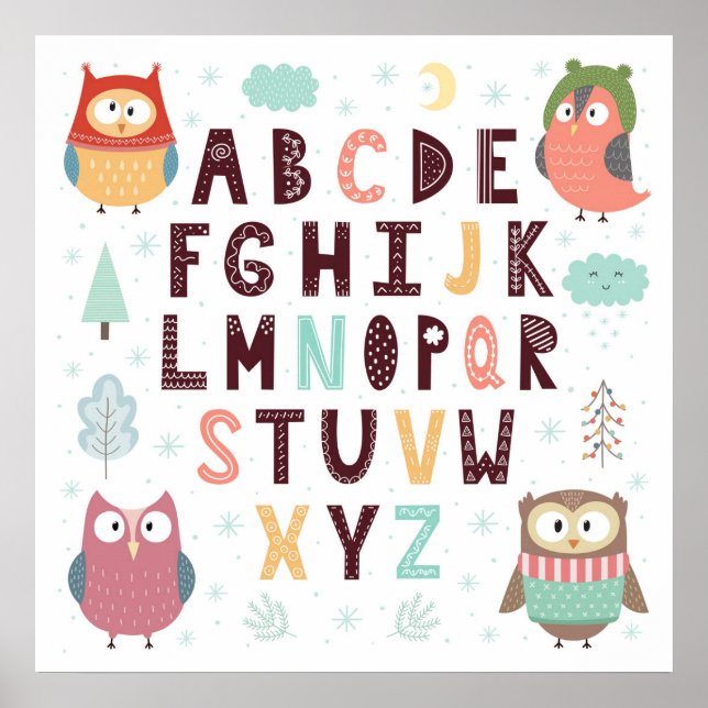 Cute Whimsical Owls ABC Letters Alphabet Education Poster (Front)