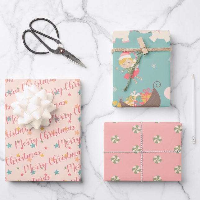 Cute Whimsical Pastel Christmas Unicorn Pattern Wrapping Paper Sheet (Front)