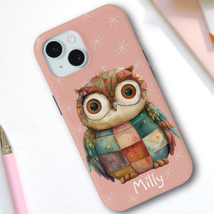 Cute Whimsical Pastel Patchwork Owl Custom Name  iPhone 15 Case