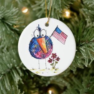 Cute Whimsical Patriotic Bird with Flag Ceramic Tree Decoration