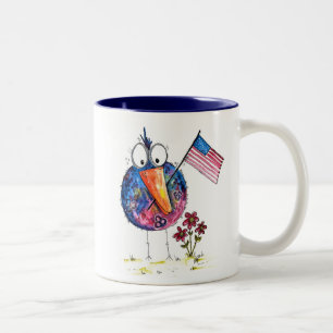 Cute Whimsical Patriotic Bird with Flag Two-Tone Coffee Mug